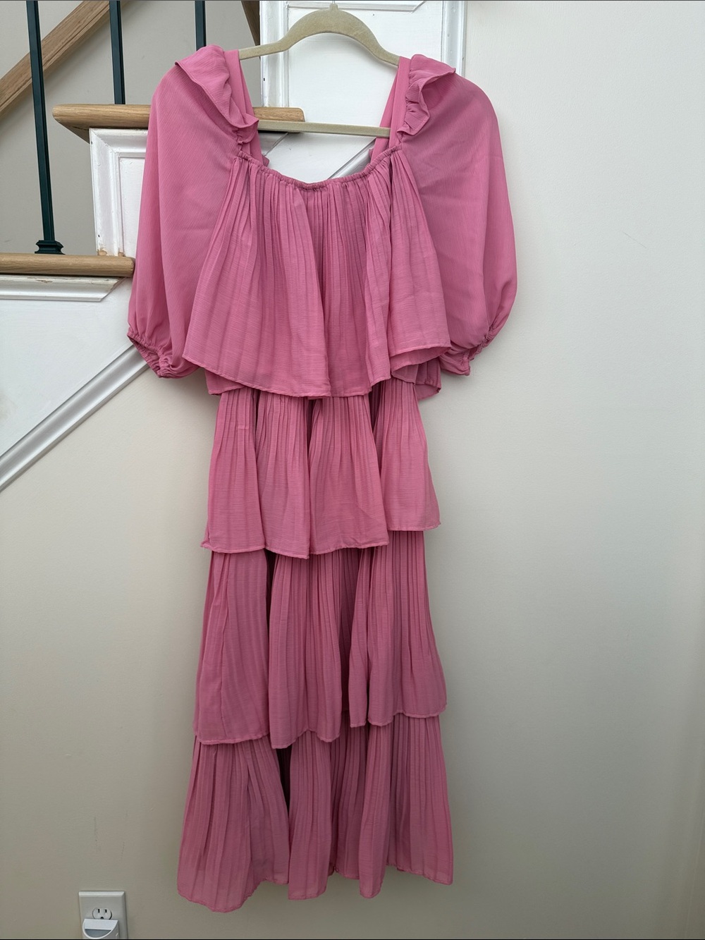 Vici Pink Ruffled Tiered Maxi Dress with Puff Sleeves